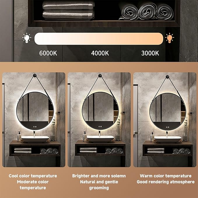 JSLJDM 500X500 mm Illuminated Backlit LED Bathroom Mirror, Wall Mounted Multifunction Bathroom Vanity Mirror with Lights and Demister Pad, Energy-Saving Illuminated Smart Mirror 60cm/23.5in Gold