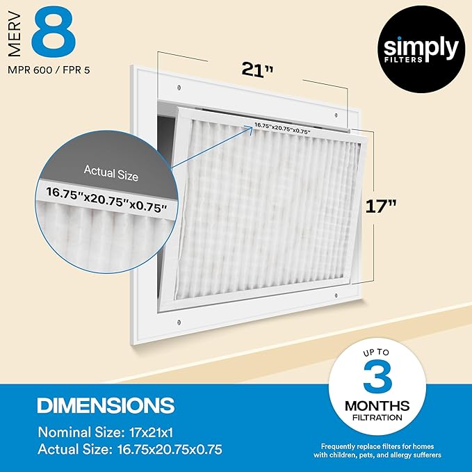 Simply 17x21x1 Air Filter, Merv 8, 6 Pack, For Home AC Furnace & HVAC (Actual Size: 16.75"x20.75"x0.75") DUST, Pet, & Allergy Control