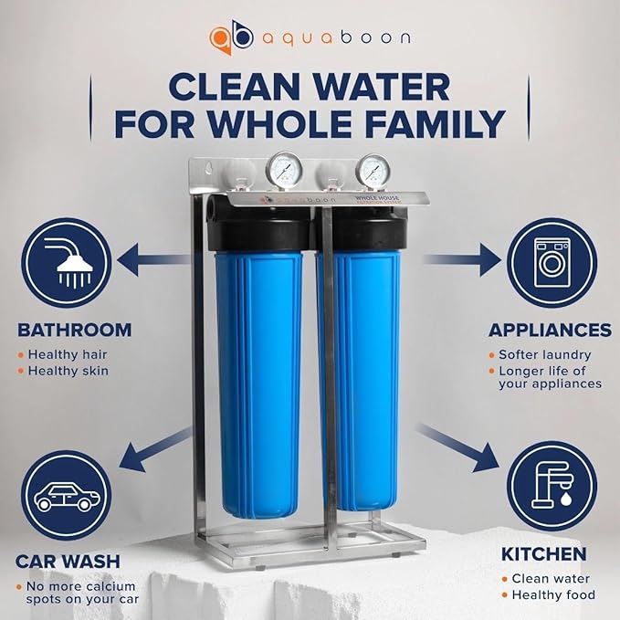 Aquaboon 2-Stage Whole House Water Filter System with Prefilter & Big CTO, Anti-Scale/Sediment, Gauge & Release, Wrench, Freestanding Frame