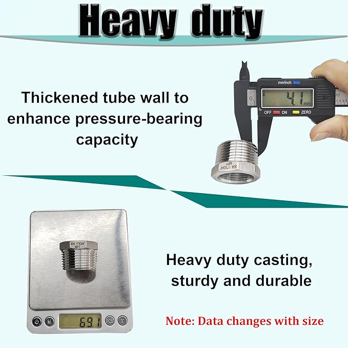 1" Male to 1/2" NPT Female Hex Bushing Reducer, 304 Stainless Steel NPT Reducing Adapter Pipe Fitting, Heavy Duty Pipe Hex Bushing for Reducing Pipe (1” MNPT x 1/2” FNPT)