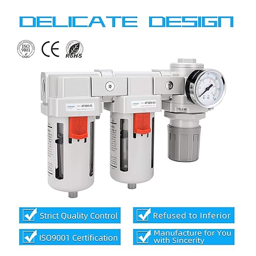 NANPU 3/8" NPT Air Drying System - Double Air Filters, Air Pressure Regulator Combo - Semi-Auto Drain, Poly Bowl