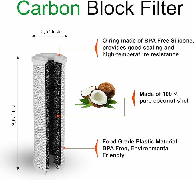 10 Standard Coconut Shell Block Carbon & 10 Four Layers of Filtration Polypropylene Sediment 5 Micron 2.5"x 10" Water Filter Cartridges Universal replacement for Reverse Osmosis & Standard 10” Housing