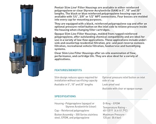 Pentair Pentek 158005 Traditional Slim Line Filter Housing, 3/8" NPT #10 Under Sink Opaque Water Filter Housing with Pressure Relief Button, 10-Inch, Blue
