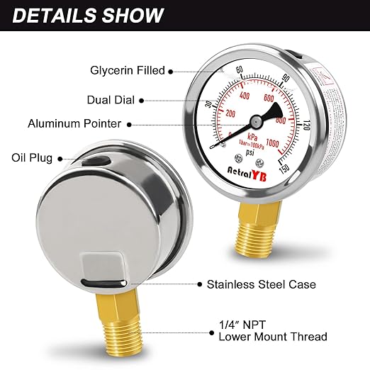 0-150 PSI Pressure Gauge, Liquid-Filled, 2-Inch, Stainless Steel Case, Brass Internals, 1/4" NPT Bottom Mount, Pressure Gauge for Air Compressor, RV Regulator, and Industrial Use