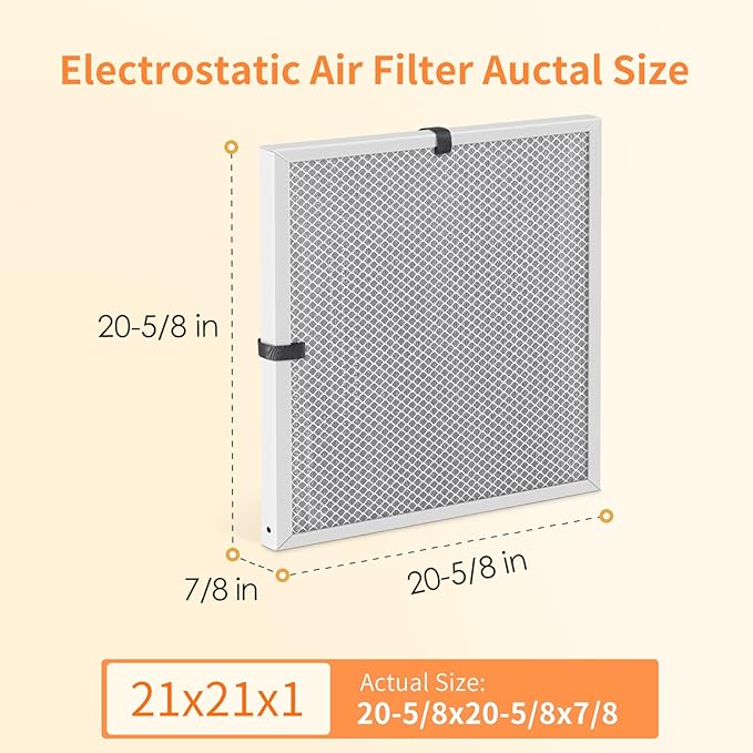 2-Pack 21x21x1 MERV 8 Reusable & Washable Electrostatic Air Filters - Long-Lasting Filter for HVAC, Furnace & Air Conditioner Units, Actual Size: 20-5/8” x 20-5/8” x 7/8”
