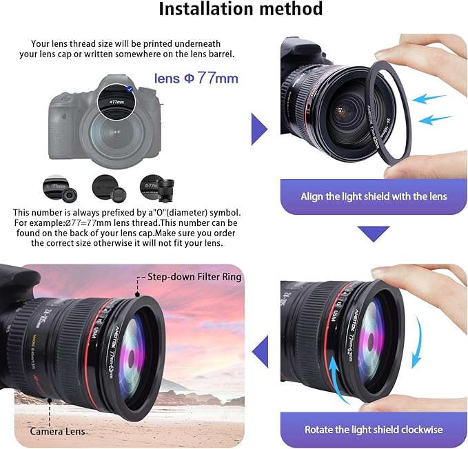 77mm Lens to 62mm Camera Lens Adapter,77mm to 62mm Filter Step-Down Ring Adapter Ring,Compatible All 62mm Filter Accessory