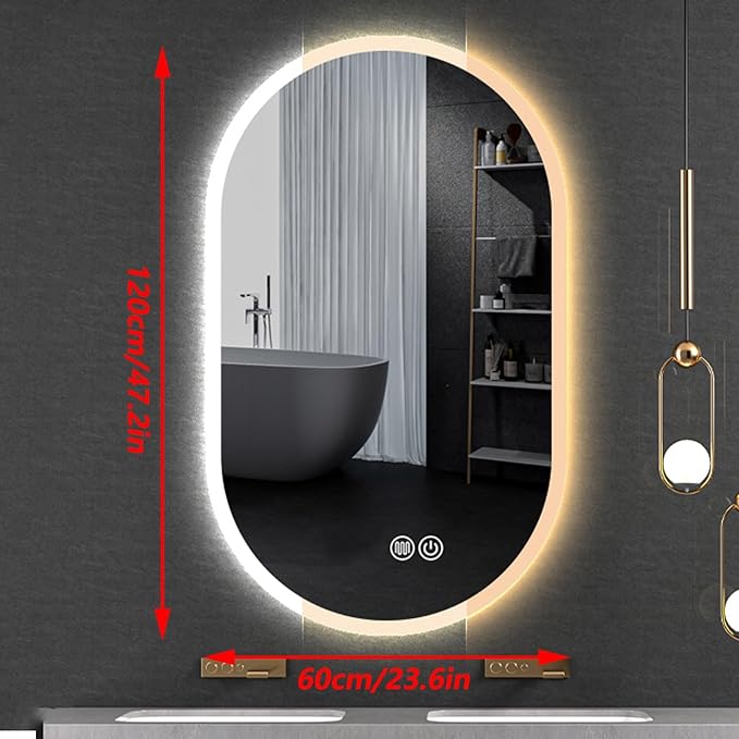 Irregular Bathroom Mirror with 3 Colour LED Light, Wall Mounted Makeup Mirror with Touch Switch and Demister Pad, Energy-Saving LED Smart Mirrors, Dimmable(C,23.6 * 47.2in/60 * 120cm)