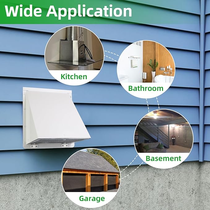 6 Inch Hooded Wall Vent with Screen and Damper,6 Inch Exhaust Vent Cover Cap for Outdoor Kitchen Range Hood Dryer Ventilation,Outside Wall Mount Extractor for House Air Exhaust,Galvanized Steel,White
