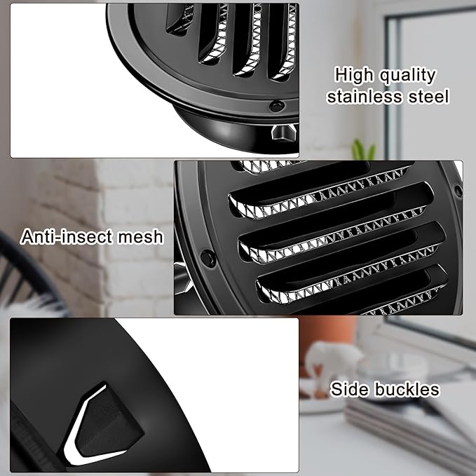 Zonon 8 Pcs Stainless Steel Soffit Vents 6 Inch Round Dryer Vent Cover with Mesh Screen for Home Outdoor Bathroom Wall Ceiling Outside Exterior Exhaust Black