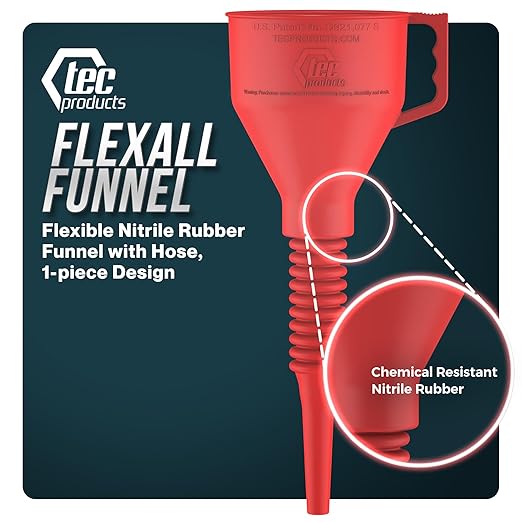 TEC Products FlexAll Long Flexible Funnels - Automotive Oil Funnel with Hose, Durable Nitrile Rubber for Oil Change, Transmission Funnel Fluid, Diesel, Fuel, Gas - Made in USA - Red (16 x 5 Inches)