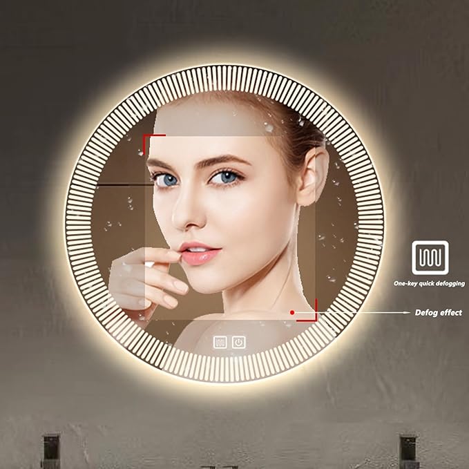 Bathroom Mirror with LED Lights, Wall Mirror with Touch Sensor, Round Mirror with Demister Pad, 3 Light Modes, for Living Room and Bathroom(A,70cm/27.6in)