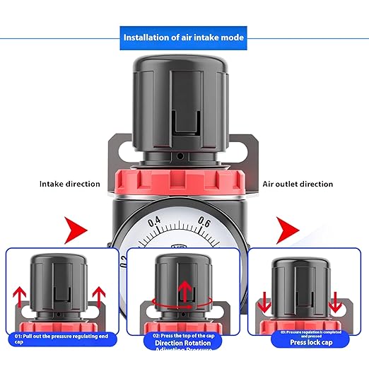 Compressed Air Low Pressure Filter Regulator Airtac AFR2000-C 1/4'' NPT 0-60 PSI Combo Piggybac Adjustable,Bracket,Gauge Semi-Auto Drain