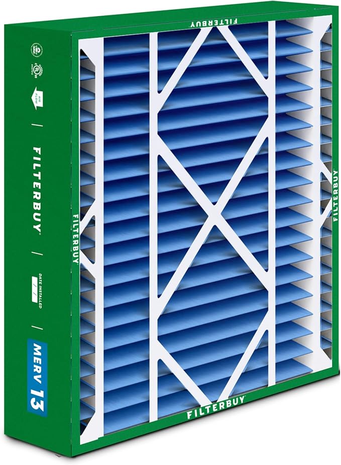 Filterbuy 24x25x5 Air Filter MERV 13 Optimal Smoke & Allergy Defense (1-Pack), Electrostatic Pleated HVAC AC Furnace Filters for Carrier FILXXCAR0024, Maytag & More (Actual Size: 23.63 x 24.69 x 4.25)