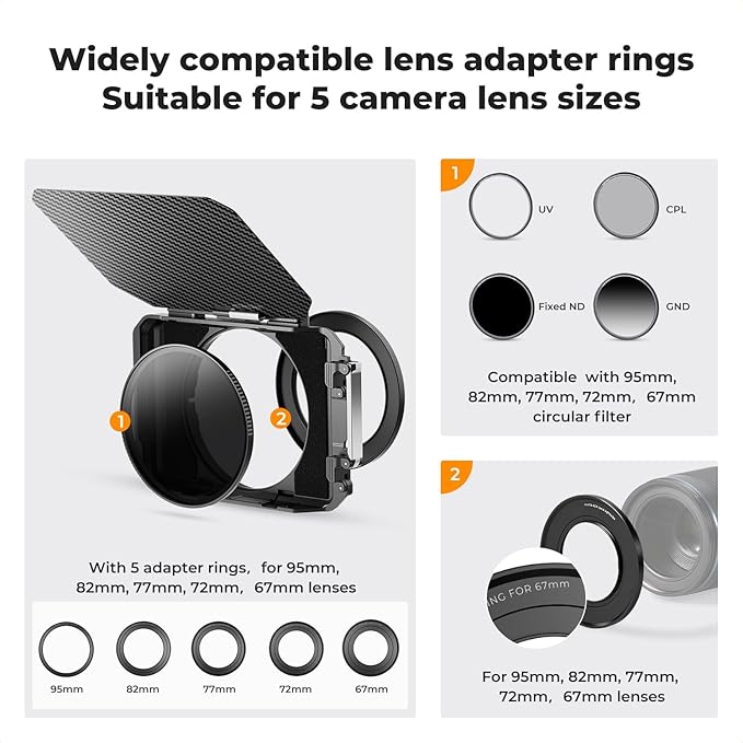 K&F CONCEPT Mini Matte Box +Black Mist 1/4 Filter Kit, DSLR Camera Matte Box with Carbon Fiber Top Flag Square Filters Trays with 67/72/77/82/95mm Adapter Rings, for 4x5.65 Square UV ND Filter