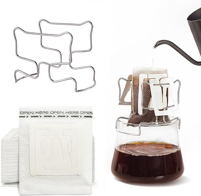 Hanging Ear Drip Coffee Bag Holder with 50-100Pcs Portable Coffee Filter Paper Bag, Coffee Drip Bag Chair Stand, Portable Coffee Filter Paper Bag, for Easy Pour Over (Stand + 50 Bags)