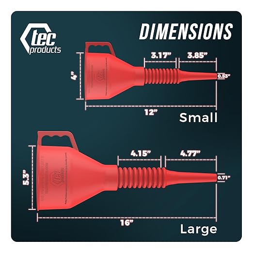 TEC Products FlexAll Long Flexible Funnels - Automotive Oil Funnel with Hose, Durable Nitrile Rubber for Oil Change, Transmission Funnel Fluid, Diesel, Fuel, Gas - Made in USA - Red (12 x 4 Inches)