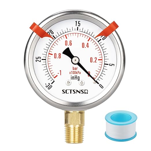 -30 inHg to 0 Vacuum Pressure Gauge, Glycerin Liquid Filled, 2.5 inch Dial, 1/4" NPT Lower Mount, Stainless Steel Case, for Air Conditioning Line, Tank, Air Pump, HVAC, Pipe, Pressure Test