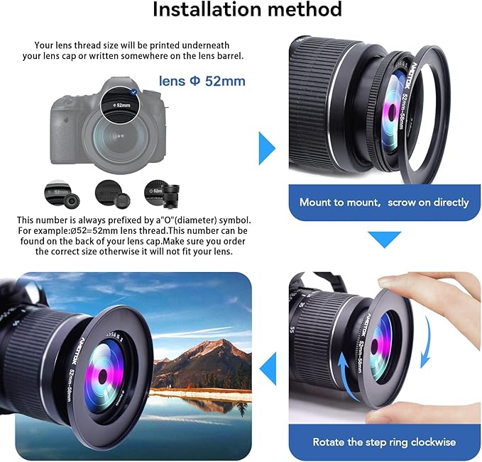 52mm Lens to 58mm Camera Filters Ring Compatible All 52mm Camera Lenses to 58mm UV CPL ND Filter Accessory and 58mm Lens Hood(52-58mm)