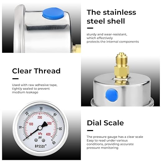 0-60 Psi Glycerin Liquid Filled Low Pressure Gauge, 2.5" Dial Size, 1/4" G Back Mount, 304 Stainless Steel Case, for Water Pipe, HVAC, Water Oil Air Pressure Test