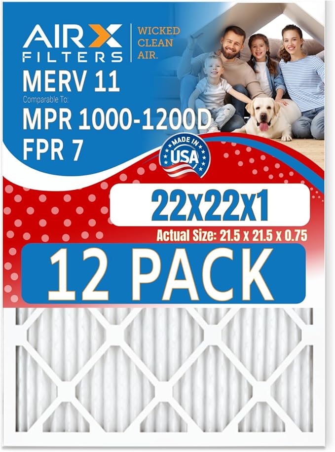 22x22x1 Air Filter MERV 11 Rating, 12 Pack of Furnace Filters Comparable to MPR 1000, MPR 1200 & FPR 7 - Made in USA by AIRX FILTERS WICKED CLEAN AIR.