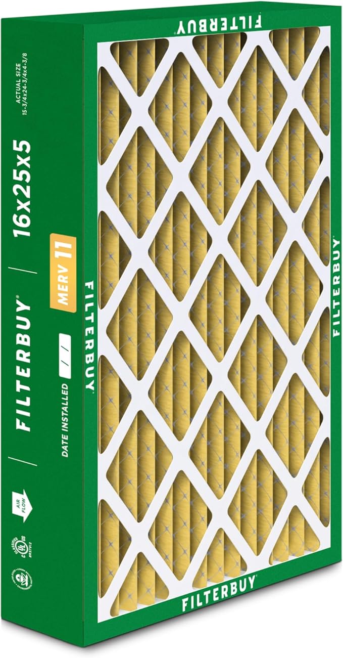 Filterbuy 16x25x5 Air Filter MERV 11 Superior Pet & Allergy Defense (4-Pack), Pleated HVAC AC Furnace Filters for Honeywell FC100A1029, Lennox X6670, and More (Actual Size: 15.75 x 24.75 x 4.38)
