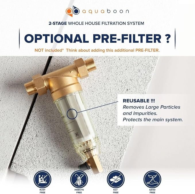 Aquaboon 2-Stage Whole House Water Filtration System with 20" Sediment, KDF Filters, Pressure Gauges & Release, Wrench, White Coated Bracket
