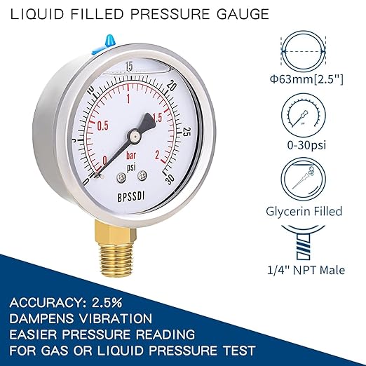 0-30 Psi Glycerin Liquid Filled Low Pressure Gauge, 2.5" Dial Size, 1/4" NPT Lower Mount, 304 Stainless Steel Case, for Water Pipe, HVAC, Water Oil Air Pressure Test