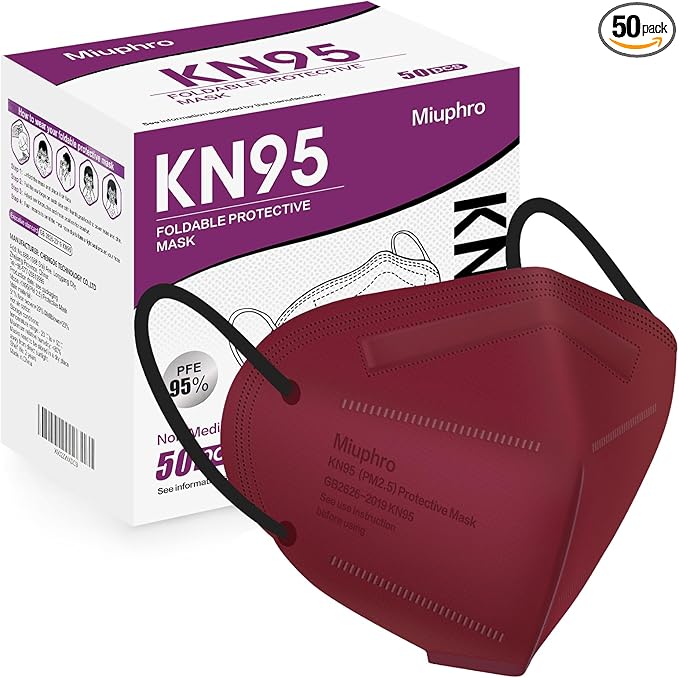 Miuphro KN95 Face Mask 50 Pack, Disposable Respirator Masks, 5 Layer Design Safety Mask for Protection, Ideal for Men and Women (Red)
