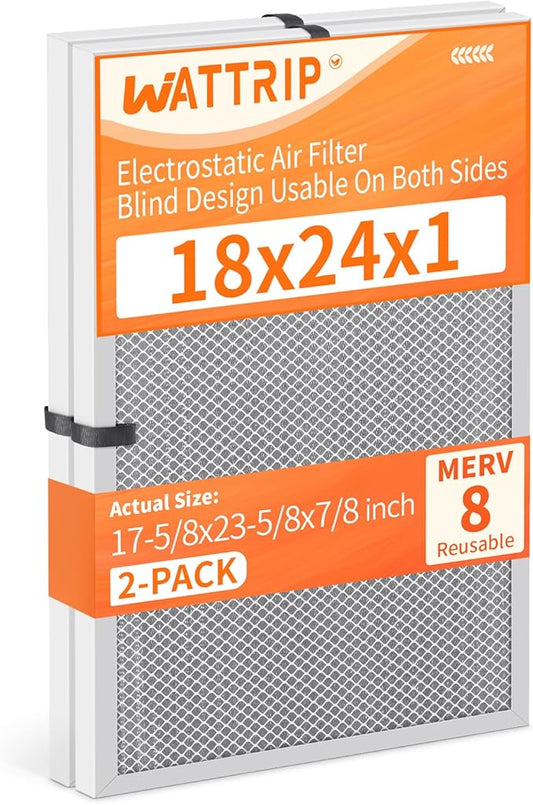 2-Pack 18x24x1 MERV 8 Reusable & Washable Electrostatic Air Filters - Long-Lasting Filter for HVAC, Furnace & Air Conditioner Units, Actual Size: 17-5/8” x 23-5/8” x 7/8”