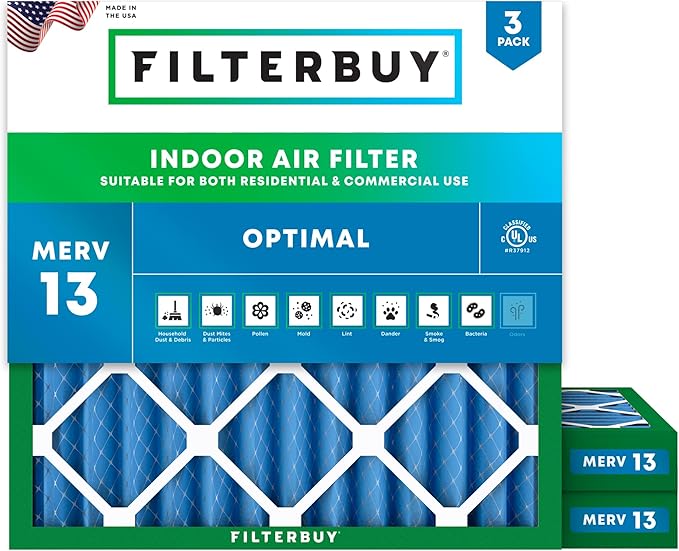 Filterbuy 14x14x2 Air Filter MERV 13 Optimal Smoke & Allergy Defense (3-Pack), Electrostatic Pleated HVAC AC Furnace Filters Replacement, Made in USA (Actual Size: 13.50 x 13.50 x 1.75)