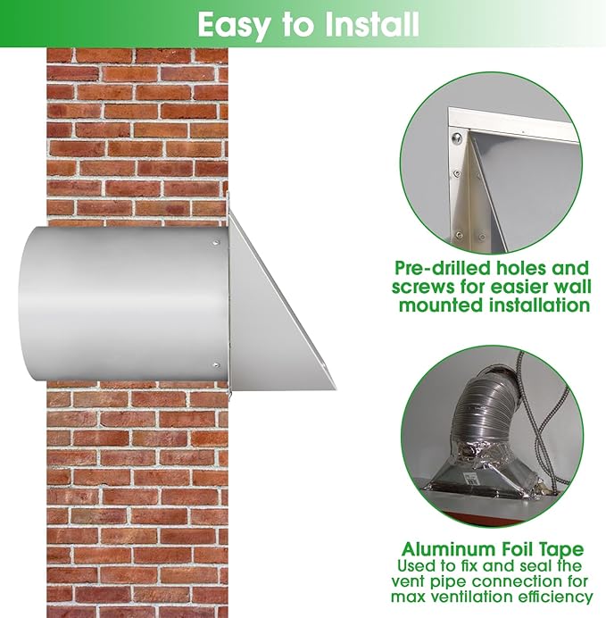 Dryer Vent Cover Outdoor 4 Inch,Dryer Vent Cover Outside,Exterior Hooded Wall Vent w/Screen & Damper,Wall Mount Extractor Vent Cap Exhaust Vent Cover for Dryer Duct AC Air Ventilation,Stainless Steel