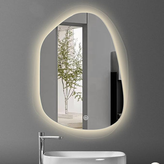 Irregular Bathroom Mirror with LED Light, Lighted Bathroom Makeup Wall Mounted Mirror with Demister Pad, 3 Colors Dimmable Lighting, Sensor Touch Switch(A,50x70cm)