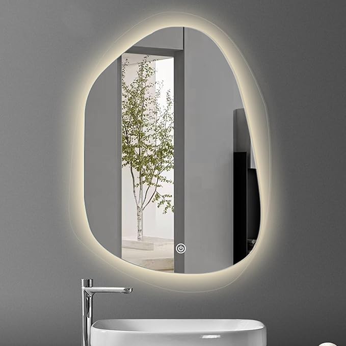 Irregular Bathroom Mirror with LED Light, Lighted Bathroom Makeup Wall Mounted Mirror with Demister Pad, 3 Colors Dimmable Lighting, Sensor Touch Switch(A,60x80cm)