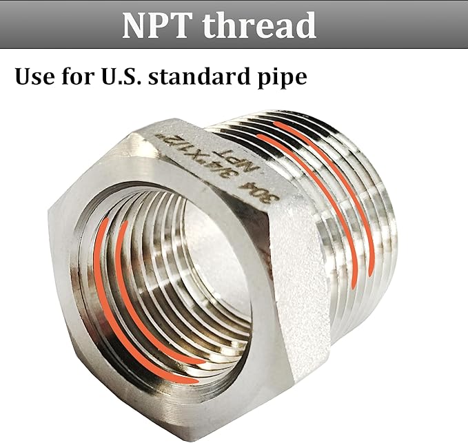 2 Pcs 304 Stainless Steel Reducer Hex Bushing, 1/2" Male NPT to 3/8" Female NPT Pipe Fitting Hex Bushing, Heavy Duty Pipe Fitting Reducer Adapter (1/2"MNPT - 3/8"FNPT)