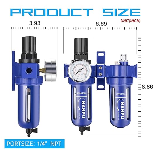 NANPU 1/4" NPT Compressed Air Filter Regulator Lubricator (FRL), Zinc Alloy, 5 Micron Brass Element, 0-150 psi Gauge, Quick Release Bowl, Manual Drain, Metal Bracket