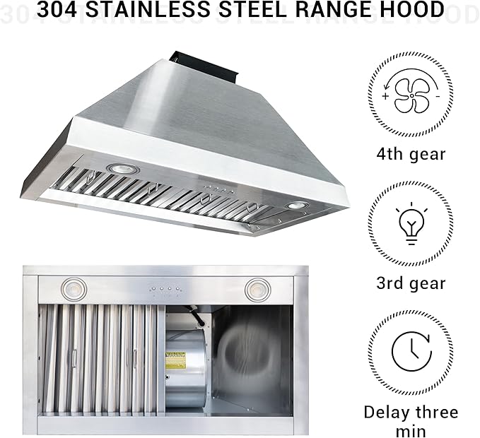 CHETTO C Stainless Steel Range Hood Cover with 4-Speed Vent Hood Insert Custom Handcrafted Metal Kitchen Fan with Towel Rack LED Light 30"W x21"D x27"H White Wall Mount