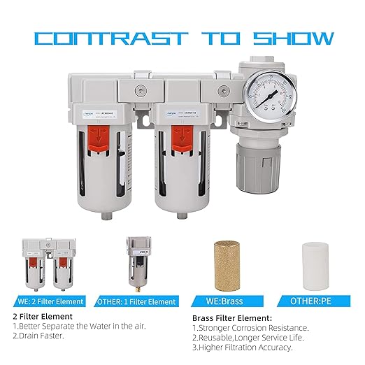 NANPU 3/8" NPT Air Drying System - Double Air Filters, Air Pressure Regulator Combo - Semi-Auto Drain, Poly Bowl