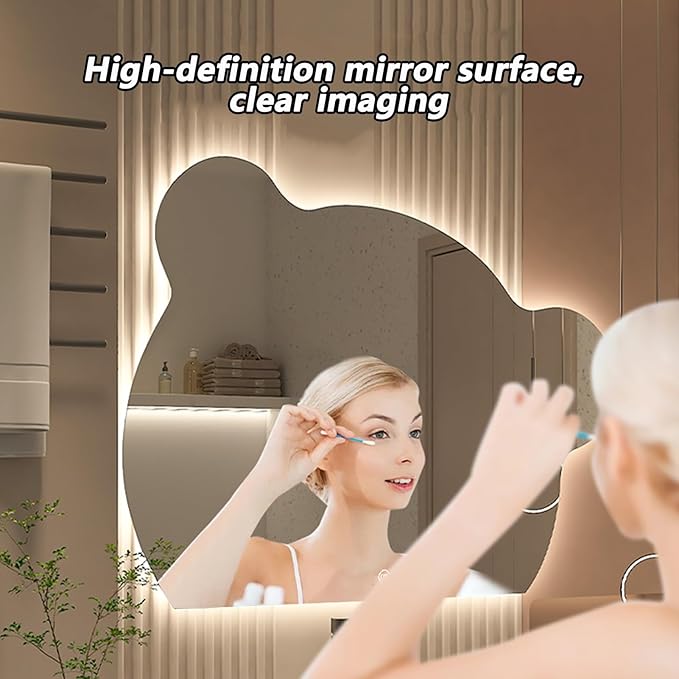 Cute Bear Wall Mirror, Wall Mounted Multifunction Bathroom Vanity Mirror with LED Lights and Demister Pad, 3-Color Dimmable LED Light, Decorative Mirror(A,70x86cm)