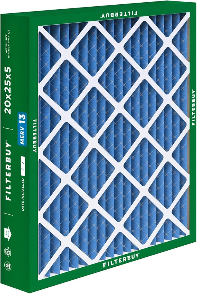 Filterbuy 20x25x5 Air Filter MERV 13 Optimal Smoke & Allergy Defense (1-Pack), Pleated HVAC AC Furnace Filters for Honeywell FC100A1037, Lennox X6673, and More (Actual Size: 19.88 x 24.75 x 4.38)