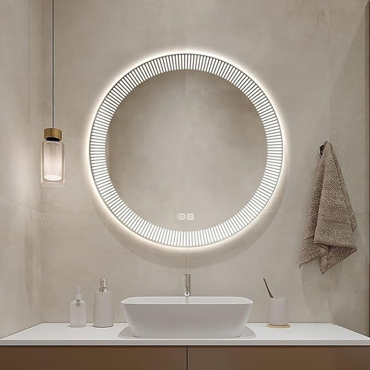 31.5 Inch LED Round Bathroom Mirror,Wall Mounted Multifunction Bathroom Vanity Mirror with Led Three-Color Light and Demister Pad, Circular Wall Mounted Vanity Mirror for Home Bathrooms,Shopping Malls