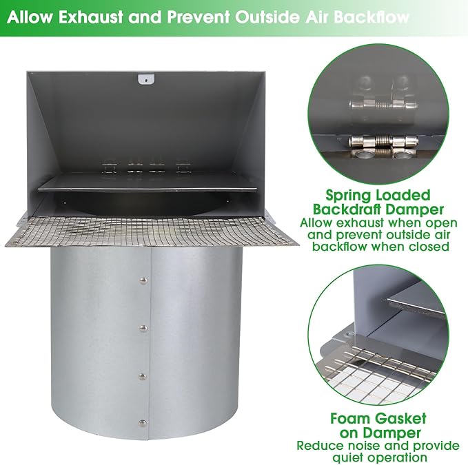 8 inch Hooded Wall Vent with Screen and Damper,Wall Vent Cover Exhaust Vent Outdoor Wall Cap Exterior Air Vent Cover for Kitchen Range Hood HVAC Duct Dryer Ventilation,Galvanized Steel,Gray