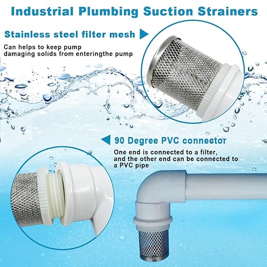 DN15 inch stainless steel filter cover connected to 90 degree elbow 1/2" PVC DN15 water pipe, suction hose strainer used to remove debris and reduce solid entry（1pcs）