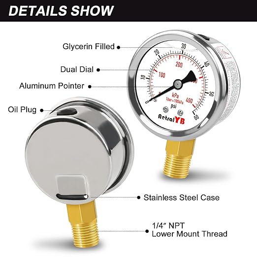 0-60 Psi Glycerin-Filled Pressure Gauge, 2-Inch Gauge, Stainless Steel, 1/4" NPT Lower Mount,400kPa Pressure Gauge for Pool Pump, Sand Filter, Air Compressor, and Well Water Systems