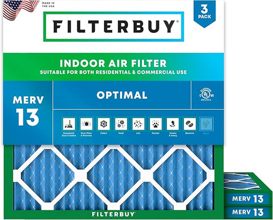 Filterbuy 30x30x1 Air Filter MERV 13 Optimal Smoke & Allergy Defense (3-Pack), Electrostatic Pleated HVAC AC Furnace Filters Replacement, Made in USA (Actual Size: 29.50 x 29.50 x 0.75)