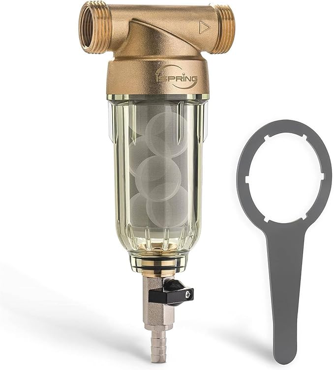 iSpring WSP-100SL Reusable Whole House Spin Down Sediment Water Filter, Siliphos Helps Prevent Scale and Corrosion, 1" MNPT + 3/4" FNPT, 100 Micron