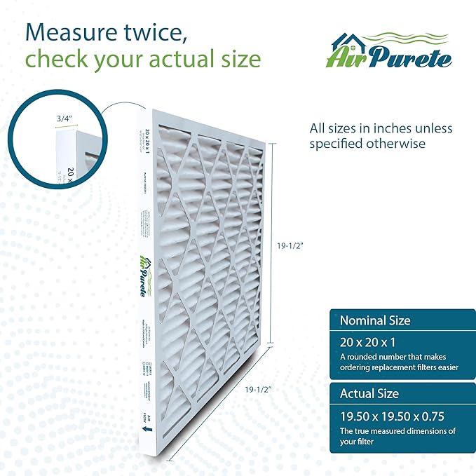 20x20x1 Air Filters | AirPurete AP-3M20201 HVAC AC Furnace Air Filters | Actual Size: 19.50" x 19.50" x 0.75" | MERV 8, MPR 600 (Pack of 4)