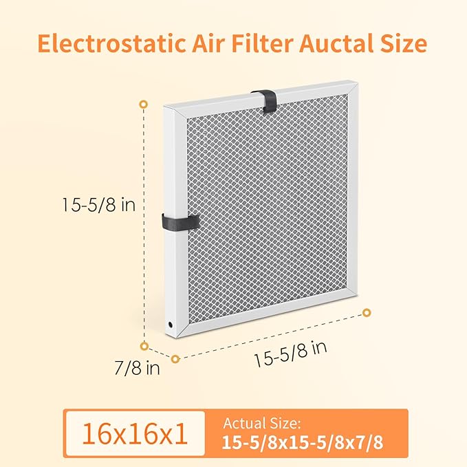 2-Pack 16x16x1 MERV 8 Reusable & Washable Electrostatic Air Filters - Long-Lasting Filter for HVAC, Furnace & Air Conditioner Units, Actual Size: 15-5/8” x 15-5/8” x 7/8”