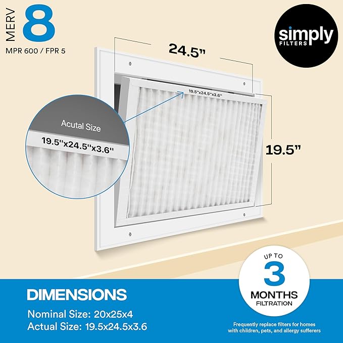 Simply 20x25x4 Air Filter, MERV 8, 6 Pack, Furnace Air Filter for HVAC (Actual Size:19.5"x24.5"x3.63") DUST, Pet, & Allergy Control