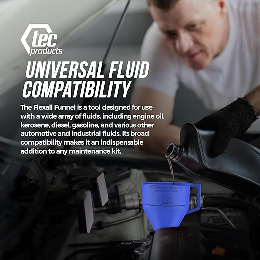 TEC Products FlexAll Long Flexible Funnels - Automotive Oil Funnel with Hose, Durable Nitrile Rubber for Oil Change, Transmission Funnel Fluid, Diesel, Fuel, Gas - Made in USA - Blue (16 x 5 Inches)