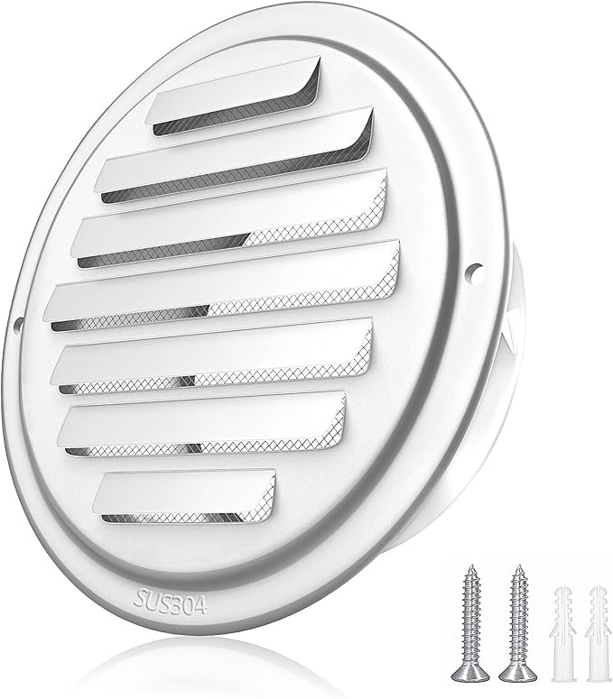 4'' Shiny Silver Paint Stainless Steel Air Vents, Louvered Grille Cover Vent Hood Flat Ducting Ventilation Air Vent Wall Air Outlet with Fly Screen Mesh for House (4 inch Shiny Silver Paint Cover)